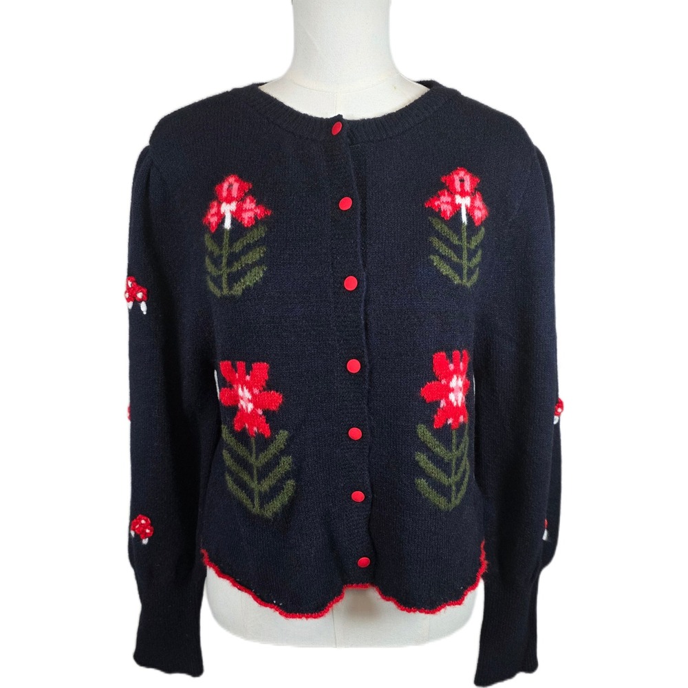 Free People Nonna Navy Blue Floral Knit Cardigan w/Scallop Trim